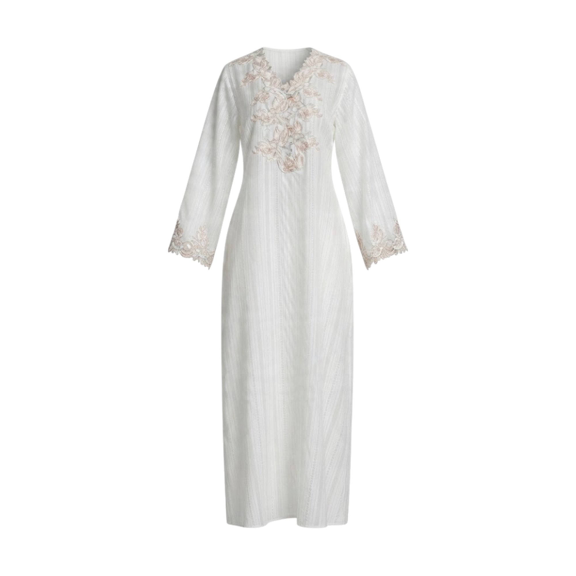 Ivory long abaya with subtle vertical jacquard stripes. Features a V-neck and light pink floral embroidery on the chest and s