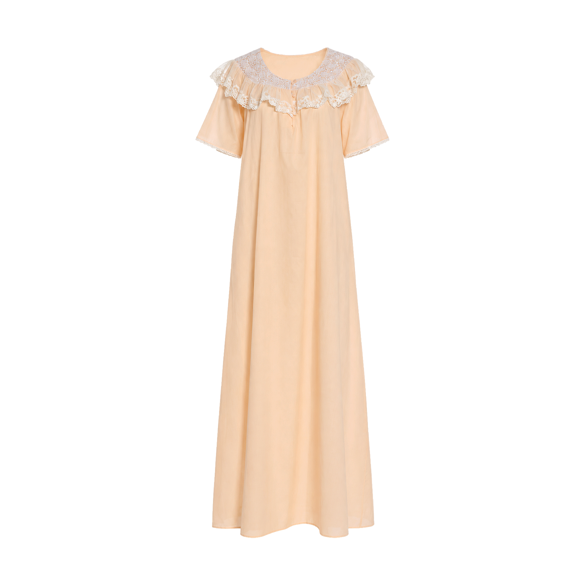 Peach long cotton abaya with short sleeves, featuring a ruffled, embroidered cream lace collar and V-neck.
