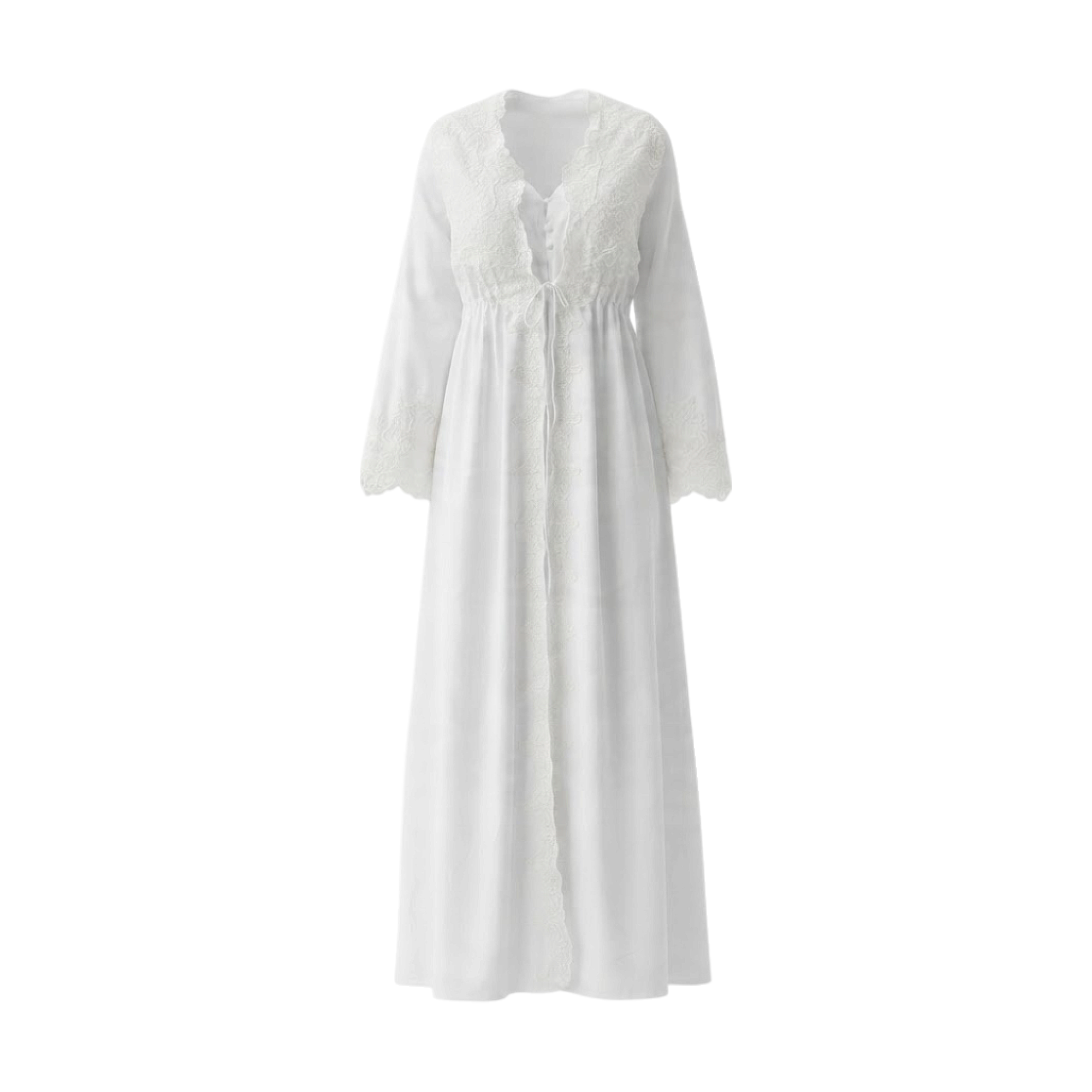 Ivory long-sleeved cotton robe with embroidered V-neckline, front opening, and scalloped cuffs, tied at the waist.