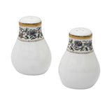 RICHFINE luxury 98-piece bone china dinnerware set featuring white porcelain with black floral filigree patterns and gold-rimmed edges on a white background.