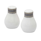 RICHFINE 98-piece white porcelain dinnerware set featuring navy blue geometric patterns, gold finials, and a full tea service against a white background.