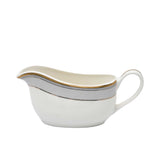 RICHFINE 47-piece luxury fine bone china dinnerware set featuring white plates with grey patterned borders and gold rims, including a teapot, tureen, and bowls.