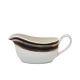RICHFINE luxury porcelain dinnerware set featuring navy blue and gold textured borders, including plates, bowls, tea pot, soup tureen, and serving platters on a white background.
