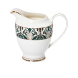 RICHFINE 98-piece luxury dinnerware set featuring emerald green and gold Art Deco patterns on white porcelain, including plates, teapot, tureen, and tea cups.