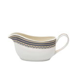 RICHFINE 98-piece white porcelain dinnerware set featuring navy blue geometric patterns, gold finials, and a full tea service against a white background.