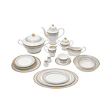 RICHFINE 98-piece luxury fine bone china dinnerware set featuring white plates with grey patterned borders and gold rims, including a teapot, tureen, and bowls.
