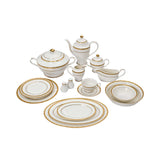 RICHFINE 98-piece luxury fine bone china dinnerware set featuring white plates with  gold , including a teapot, tureen, and bowls.