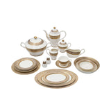RICHFINE luxury dinnerware set featuring white bone china with thick, multi-layered gold ribbed borders and matching gold-knobbed lids.