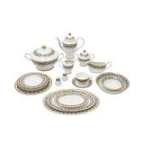 RICHFINE luxury 98-piece bone china dinnerware set featuring white porcelain with black floral filigree patterns and gold-rimmed edges on a white background.