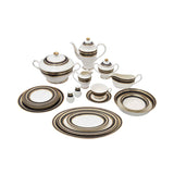 RICHFINE luxury porcelain dinnerware set featuring navy blue and gold textured borders, including plates, bowls, tea pot, soup tureen, and serving platters on a white background.