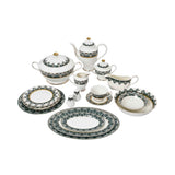 RICHFINE 98-piece luxury dinnerware set featuring emerald green and gold Art Deco patterns on white porcelain, including plates, teapot, tureen, and tea cups.