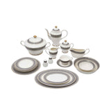 RICHFINE 98-piece white porcelain dinnerware set featuring navy blue geometric patterns, gold finials, and a full tea service against a white background.