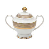 RICHFINE luxury dinnerware set featuring white bone china with thick, multi-layered gold ribbed borders and matching gold-knobbed lids.