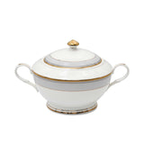 RICHFINE 98-piece luxury fine bone china dinnerware set featuring white plates with grey patterned borders and gold rims, including a teapot, tureen, and bowls.