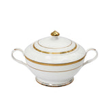 RICHFINE 98-piece luxury fine bone china dinnerware set featuring white plates with  gold , including a teapot, tureen, and bowls.