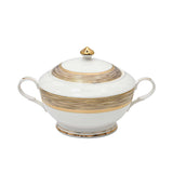 RICHFINE luxury dinnerware set featuring white bone china with thick, multi-layered gold ribbed borders and matching gold-knobbed lids.