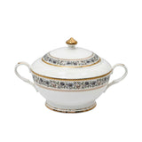 RICHFINE luxury 98-piece bone china dinnerware set featuring white porcelain with black floral filigree patterns and gold-rimmed edges on a white background.