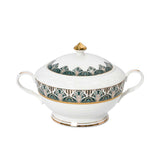 RICHFINE 98-piece luxury dinnerware set featuring emerald green and gold Art Deco patterns on white porcelain, including plates, teapot, tureen, and tea cups.