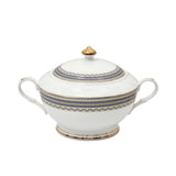 RICHFINE 98-piece white porcelain dinnerware set featuring navy blue geometric patterns, gold finials, and a full tea service against a white background.