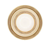 RICHFINE luxury dinnerware set featuring white bone china with thick, multi-layered gold ribbed borders and matching gold-knobbed lids.