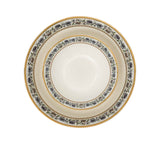 RICHFINE luxury 98-piece bone china dinnerware set featuring white porcelain with black floral filigree patterns and gold-rimmed edges on a white background.