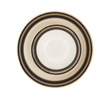 RICHFINE luxury porcelain dinnerware set featuring navy blue and gold textured borders, including plates, bowls, tea pot, soup tureen, and serving platters on a white background.