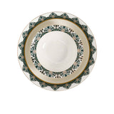 RICHFINE 98-piece luxury dinnerware set featuring emerald green and gold Art Deco patterns on white porcelain, including plates, teapot, tureen, and tea cups.