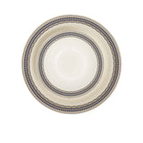 RICHFINE 98-piece white porcelain dinnerware set featuring navy blue geometric patterns, gold finials, and a full tea service against a white background.