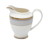 RICHFINE 98-piece luxury fine bone china dinnerware set featuring white plates with grey patterned borders and gold rims, including a teapot, tureen, and bowls.