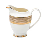 RICHFINE luxury dinnerware set featuring white bone china with thick, multi-layered gold ribbed borders and matching gold-knobbed lids.