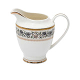 RICHFINE luxury 98-piece bone china dinnerware set featuring white porcelain with black floral filigree patterns and gold-rimmed edges on a white background.