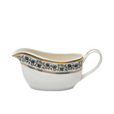 RICHFINE luxury 98-piece bone china dinnerware set featuring white porcelain with black floral filigree patterns and gold-rimmed edges on a white background.