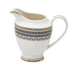 RICHFINE 98-piece white porcelain dinnerware set featuring navy blue geometric patterns, gold finials, and a full tea service against a white background.