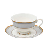 RICHFINE 98-piece luxury fine bone china dinnerware set featuring white plates with grey patterned borders and gold rims, including a teapot, tureen, and bowls.