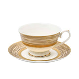RICHFINE luxury dinnerware set featuring white bone china with thick, multi-layered gold ribbed borders and matching gold-knobbed lids.