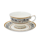 RICHFINE luxury 98-piece bone china dinnerware set featuring white porcelain with black floral filigree patterns and gold-rimmed edges on a white background.