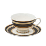 RICHFINE luxury porcelain dinnerware set featuring navy blue and gold textured borders, including plates, bowls, tea pot, soup tureen, and serving platters on a white background.