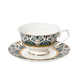 RICHFINE 98-piece luxury dinnerware set featuring emerald green and gold Art Deco patterns on white porcelain, including plates, teapot, tureen, and tea cups.