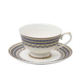 RICHFINE 98-piece white porcelain dinnerware set featuring navy blue geometric patterns, gold finials, and a full tea service against a white background.