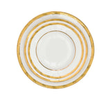 RICHFINE 98-piece luxury fine bone china dinnerware set featuring white plates with  gold , including a teapot, tureen, and bowls.
