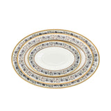 RICHFINE luxury 98-piece bone china dinnerware set featuring white porcelain with black floral filigree patterns and gold-rimmed edges on a white background.