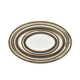 RICHFINE luxury porcelain dinnerware set featuring navy blue and gold textured borders, including plates, bowls, tea pot, soup tureen, and serving platters on a white background.