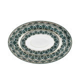 RICHFINE 98-piece luxury dinnerware set featuring emerald green and gold Art Deco patterns on white porcelain, including plates, teapot, tureen, and tea cups.