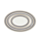 RICHFINE 98-piece white porcelain dinnerware set featuring navy blue geometric patterns, gold finials, and a full tea service against a white background.