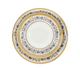 RICHFINE luxury 98-piece bone china dinnerware set featuring white porcelain with black floral filigree patterns and gold-rimmed edges on a white background.