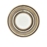 RICHFINE luxury porcelain dinnerware set featuring navy blue and gold textured borders, including plates, bowls, tea pot, soup tureen, and serving platters on a white background.