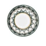 RICHFINE 98-piece luxury dinnerware set featuring emerald green and gold Art Deco patterns on white porcelain, including plates, teapot, tureen, and tea cups.