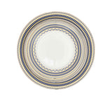 RICHFINE 98-piece white porcelain dinnerware set featuring navy blue geometric patterns, gold finials, and a full tea service against a white background.