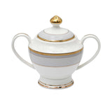 RICHFINE 98-piece luxury fine bone china dinnerware set featuring white plates with grey patterned borders and gold rims, including a teapot, tureen, and bowls.
