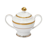 RICHFINE 98-piece luxury fine bone china dinnerware set featuring white plates with  gold , including a teapot, tureen, and bowls.